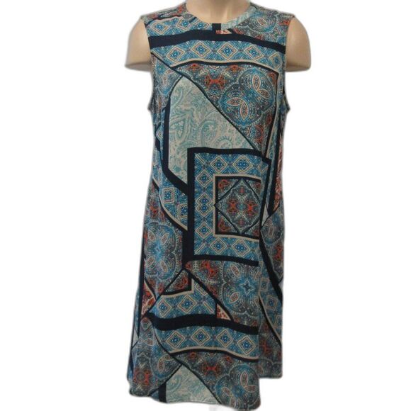 DR2 Daniel Rainn Blue Sleeveless Shift Geometric Patch Dress Size S Pleated Back - Picture 1 of 16